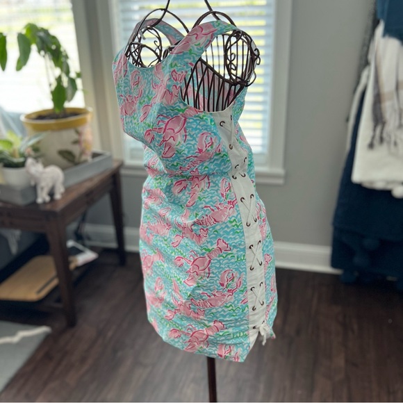 Lilly Pulitzer Pink & Turquoise Lace Up Dress with Lobster Print Women’s Size 4 - Picture 3 of 12